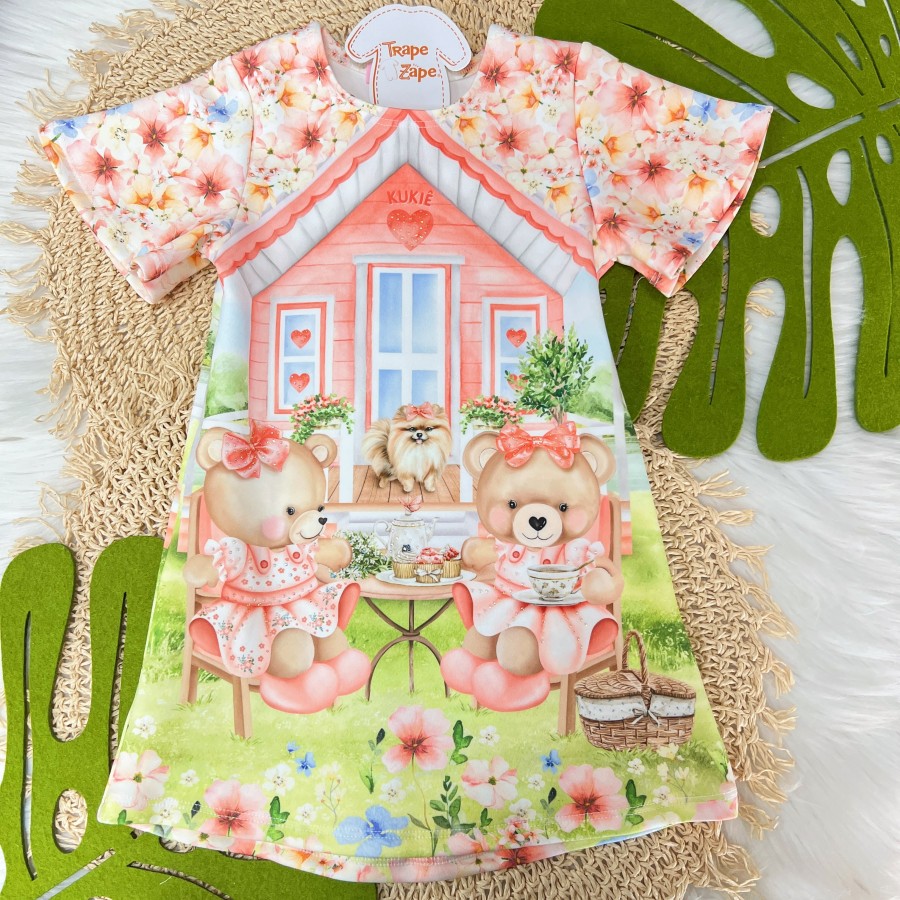  Vestido Cachorrinha com Ursinhas - Salmão